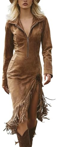 Generisch Damen Westernkleid in Wildleder-Optik - Figurbetontes Midikleid mit Reißverschluss und Fransen | Sexy Cowgirl-Kleid für Party und Mottoparty