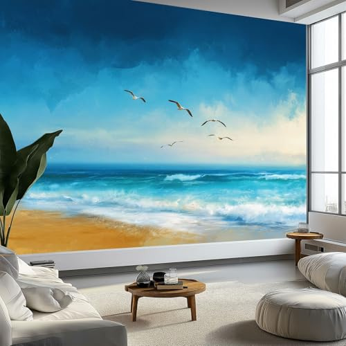 Murale da parete 3d oceano spiaggia animali uccelli carta da parati fotografica, arte digitale murale da parete in tessuto non tessuto poster decorativo design moderno 250 x 175 cm per soggiorno