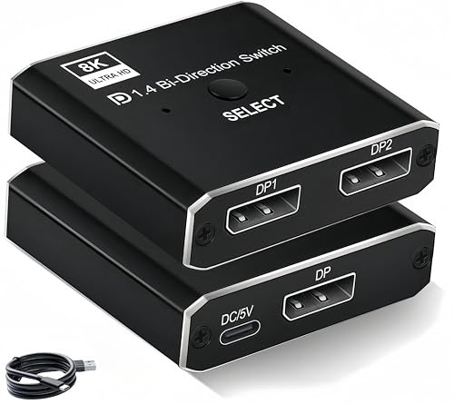 DisplayPort Switch 8K Bi-directional DP Switcher 1 in 2 out / 2 in 1 out High Speed Splitter DP Switch Converter Use DP Version 1.4 Cable Supports 8K@60Hz for PC Gaming Laptop Monitor Projector-Black