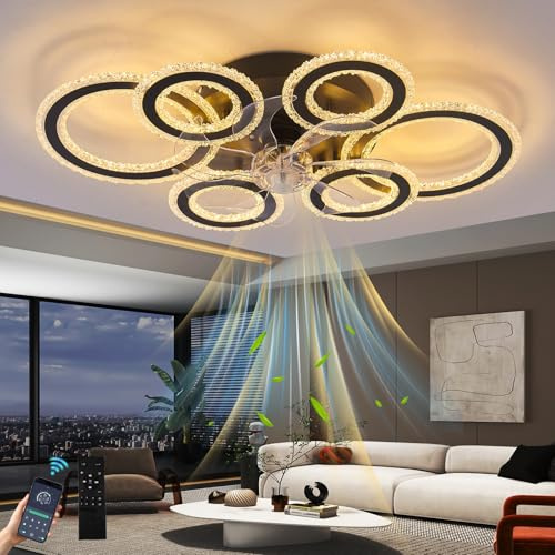 lnrosy Moderna Ventilatore da Soffitto con Luce Telecomando e App,80W Lampadina Ventilatore con 6 Velocità e Silenzioso,Led Lampadario con Ventola e Dimmerabile e Reversibile Per Soggiorno,Nero