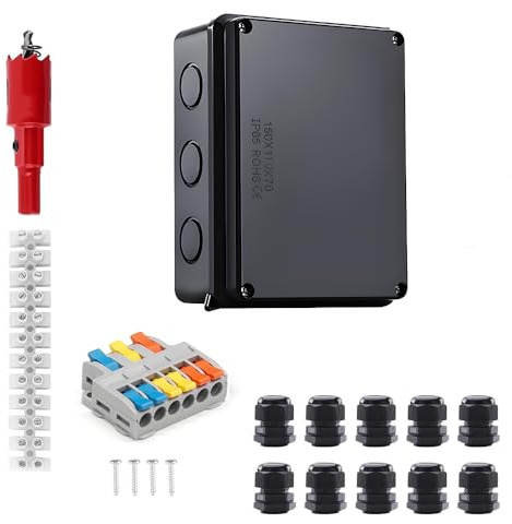 Verteilerdose Abzweigdose Aufputz IP65 150x110x70mm Verteilerdose Außen Wasserdicht Abzweigkasten Aufputzdose Klemmkasten Klemmdose mit Klemmen Anschlüssen Schrauben Lochschneider für Kabel Ø 6-12 mm