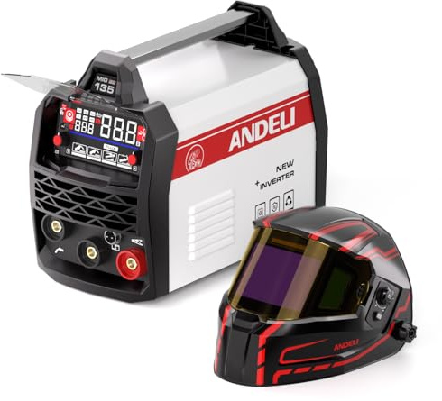 ANDELI MIG 135A Soldadora 4 en 1: MIG sin Gas con PULSO/MIG sin Gas Clásico/Lift TIG/MMA, ANDELI Máscara Soldar Automática Digital con Luz LED