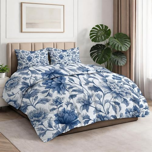 Bettdecke 180 x 200 cm, Retro 4 Jahreszeiten Bettdecke Ohne Bezug, Weiche Ganzjahresdecke mit Pflanzen Blumen Design, Blaugrau Waschbar Warme Steppdecke mit 2 Kissenbezug 80x80 cm