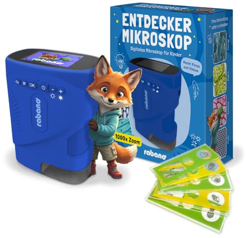 Rabano Digitales Mikroskop Kinder | Abenteuer Mikroskop für Kinder | Blau | Tragbares Kinder Mikroskop mit 1000x Zoom und HD-Bildschirm | Digitales Mikroskop Kinder für Experimente, Garten & Zuhause
