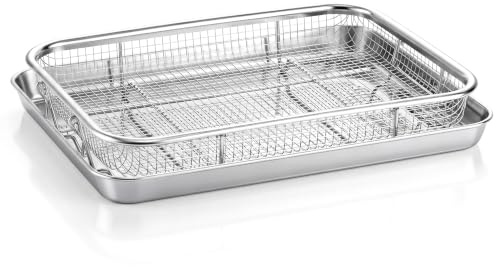 Herogo Stainless Steel Large Rectangle Baking Tray & Basket Set for Oven | Crisper Oven Tray with Crisping Basket, Metal Cookie Sheet Pan and Mesh Crisping Grill Basket for Fried Chicken and Fries