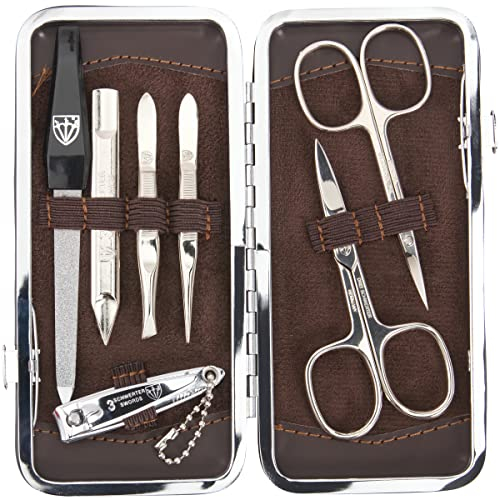 DREI SCHWERTER - Germany 7-tlg. Maniküreset 'Pistoia' | Maniküre Set Nagelset im Kunstlederetui kroko braun | Inhalt: Nagelschere, Hautschere, Nagelknipser, Pinzetten, Saphirnagelfeile uvm