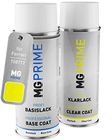 MG PRIME Vernice per auto Kit di bombolette a spruzzo per Ferrari 158717 Giallo Fluo Bomboletta spray da 400ml di vernice di base vernice trasparente