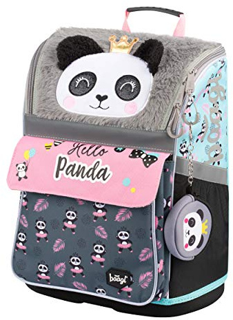 Baagl Schulranzen Mädchen für 1. Klasse - Ergonomische Schultasche für Kinder - Schulrucksack mit Brustgurt - Grundschule Ranzen Tornister (Panda)
