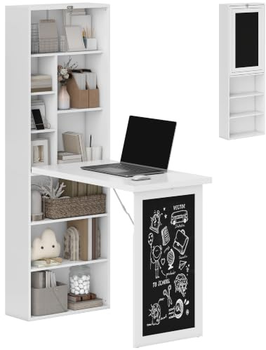 HOMCOM Escritorio Plegable con Estantería Mesa de Oficina con Pizarra y Múltiples Estantes Convertible con Baldas Ajustables 98x51x153 cm Blanco