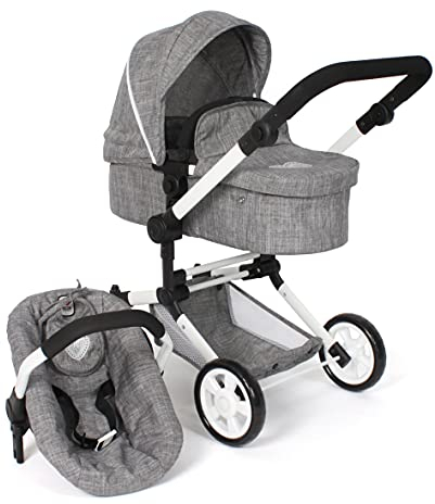 Bayer Chic 2000 - Puppenwagen Linus, 3in1 Kombipuppenwagen für Kinder von 4 bis 8 Jahren, Puppenwagen-Set, Jeans grau