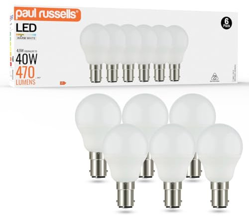 paul russells LED Golf Ball Light Small Bayonet Cap B15, 40w Equivalent Bulb, 4.9W 470Lumens LED Bulbs, 2700K Bright Warm White, Mini Globe Frosted G45 SBC Energy Saving (Not Dimmable) Lamps, 6 Pack