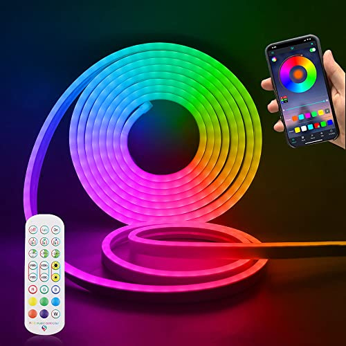 XUNATA 12V RGB Neon LED Streifen, Bunt Wasserdicht Diffusion Silikon Neon Flex LED Lichtband Schlauch, Smart App Control, Musiksync, mit Fernbedienung, Kompatibel mit Alexa Google Assistant (2M)