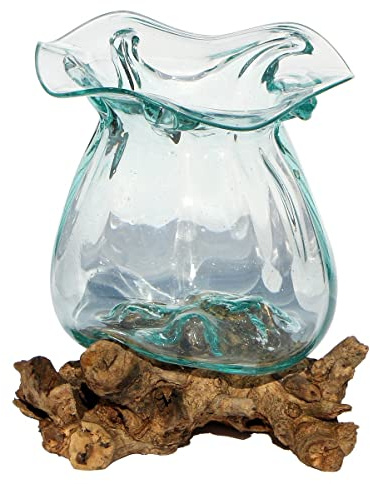 Geschenk-Idee Dekoration Wohnung Gamal Wurzel-Holz Glas-Vase Teakholz Handarbeit Vase (Ø Glas 16-19 cm Pott L)
