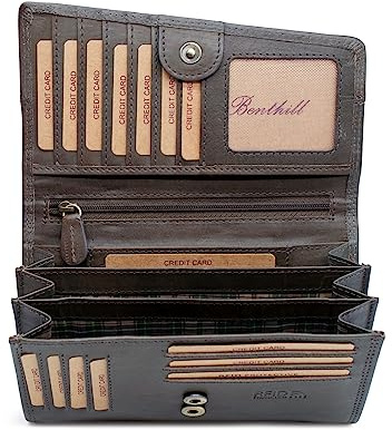Benthill Geldbörse Damen Groß Echt Leder - RFID Portemonnaie Gross aus echtem Rindsleder - XXL Geldbeutel mit vielen Kartenfächer, Farbe:Grau