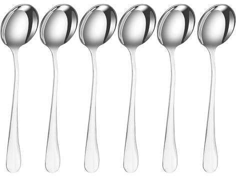 PEBBLE HUG 6Pcs Soup Spoons Stainless Steel Round Spoon for Soup, Coffee, Dinner Kitchen, Home, Restaurant Steel Cutlery Spoons, Elegant Design, Sturdy Structure