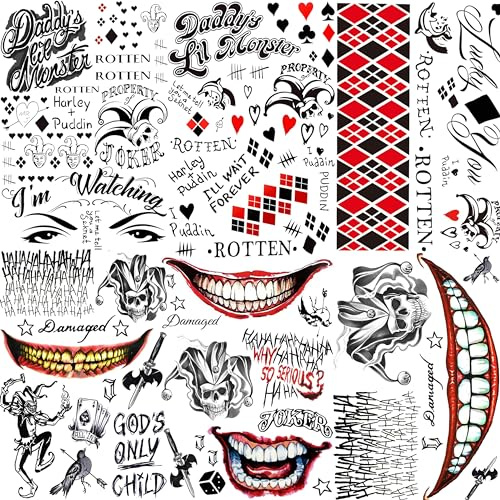 COKTAK 6 Blatt Jok Tattoos Halloween Make UP Set Cosplay Kostüm Klebetattoos Erwachsene, Klebe Clown Gesicht Tattoos Aufkleber, Fake Jok Temporäre Tattoos Zum Aufkleben Herren Damen Schminke