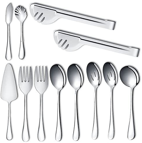 Lot de 12 ustensiles de service dorés en acier inoxydable avec cuillère de service, cuillères à fente, fourchettes, louche, pince de service, pelle à tarte (argent)