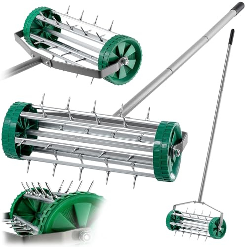 KADAX Scarificateur manuel, aérateur de gazon en acier robuste, aérateur manuel avec clous de 3,3 cm, aérateur de sol avec poignée ergonomique, rouleau à pointes robuste (148 cm)