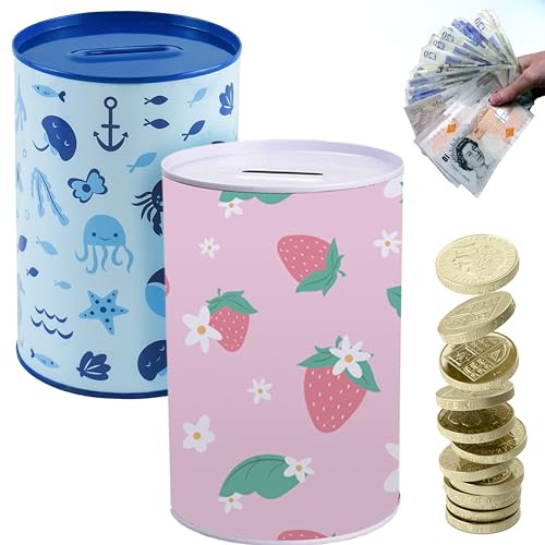2x Metal Piggy Banks - Strawberry and Whale Design, Child to Cherish Money, Summer Fun Gift for Kids, Coin Money Box for Saving Coins and Cash