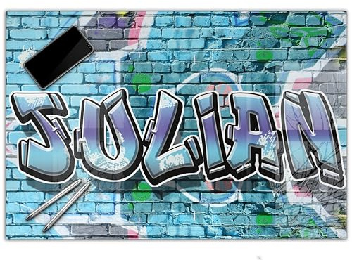 Gaming Schreibtischunterlage personalisiert mit Namen | 60 x 40 cm Graffiti blau | wasserfeste Schreibunterlage, abwischbar, hochwertiges Acrylglas, Gamer Teenager Kunststoff