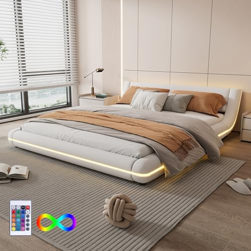 Jovify LED Polsterbett 160x200 cm, Bodenbett mit LED-Beleuchtung und Lattenrost, Kunstleder Bezug Bogendesign Bett Doppelbett, Gepolstertes Bettgestell Jugendbett, ohne Matratze, Weiß