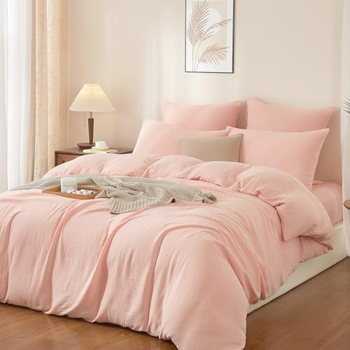 Boqingzhu Doppelte Muslin Bettwäsche 135x200 cm Rosa Pink Baumwolle – Temperaturregulierend Atmungsaktiv Weich– Winter Sommer Bettbezug mit Reißverschluss & 1x Kissenbezug 80x80
