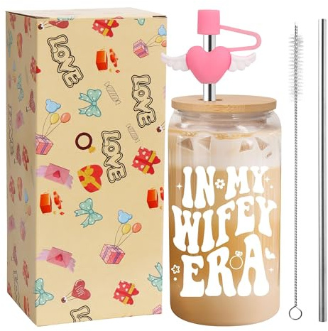 Ninivi Tazza di vetro da 473 ml con coperchi cannucce e copertura di paglia, regalo di addio al nubilato per la sposa, bicchiere di vetro per caffè freddo