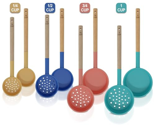 Portion Control Serving Spoons - 8 Pack: 4 Slotted, 4 Solid, 2 oz, 4 oz, 6 oz, 8 oz - Essential Gastric Bypass Must Haves Spoodle For Diet, Food Measuring Scoop for Weight Loss Surgery, Utensils Cups