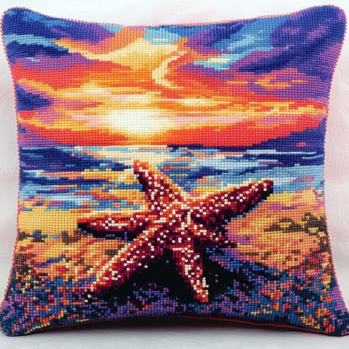 DIY Kreuzstichkissen, Seestern am Strand Stickkissen mit Muster 45X45cm Stickset Kreuzstich Kissen zum Basteln Stickkissen Stickpackung mit Vorgedruckt Kreuzstichmotiv