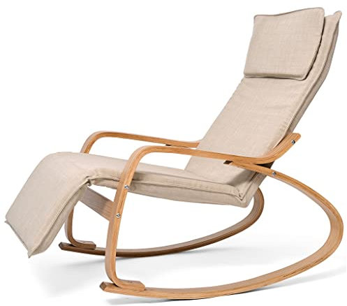 Holz-Schaukelstuhl für drinnen und draußen, Chaiselongue mit verstellbarer Schwerkraft, Kopfstütze, Fußstütze, gepolsterter Lesesofa, Stuhl für Schlafzimmer, Wohnzimmer, Büro