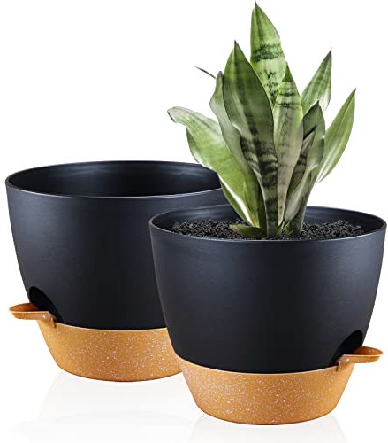 FORAGIFT Macetas de 25 cm con autorriego para interiores, paquete de 2 macetas grandes de plástico con depósito profundo y agujeros de drenaje altos para plantas y flores de interior y exterior, color
