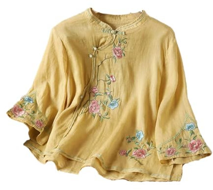 BoShiNuo Chemise chinoise à col montant en coton et lin pour femmes, col incliné, service à thé boutonné, haut à manches trois-quarts, jaune, L