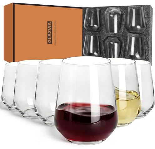 GLAZVIA Stemless Wine Glasses Set of 6, 15oz Clear Drinking Glassware | Dishwasher Safe, Wine Glass Tumblers for Red or White, Gift for Party, Holiday, Anniversary, Restaurant, Home Bar, Daily Use