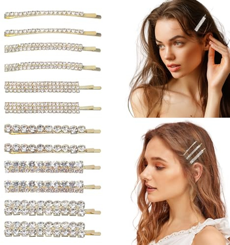 TIESOME 12 st strass Bobby stift, silvermetall strass hårklämmor dekorativ fin kristall hårnål lyxiga hårspännen bling hårnålar för bal brud bröllop hårtillbehör (guld)