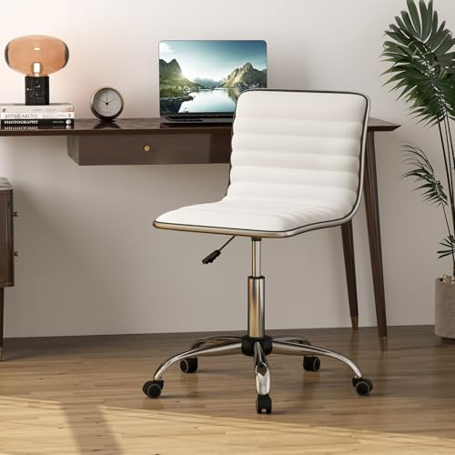GIANTEX Silla de Oficina Giratoria 360° con 5 Ruedas, Asiento Tapizado con Altura Ajustable 49-63,5 cm, sin Reposabrazos, Silla de Ordenador para Estudio, Dormitorio y Sala de Reuniones (Blanco)
