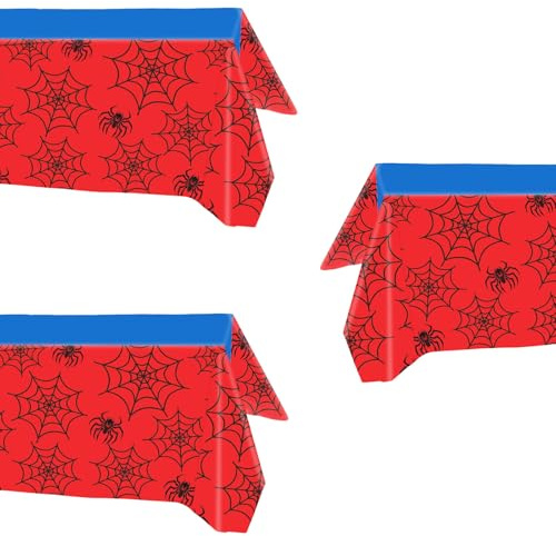 SAVITA 3pcs Nappes Araignées, 137 x 274 cm en Plastique Grande Nappe en Toile d'Araignée Imperméables Bleues et Rouges pour Fête d'anniversaire sur Le Thème du Dessin Animé