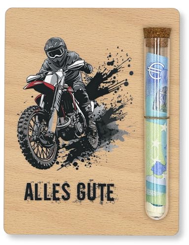 ZUKLA Verpackung Geldgeschenk Motocross - 13 x 10 cm - mit Reagenzglas - Geldgeschenk Verpackung Holz - Geschenkgutschein - Geschenk Enduro - Cross Motorrad