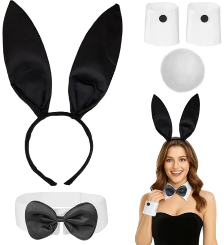 MUNSKT Costume de Lapin Set,Bandeau d'Oreille de Lapin Nœud Papillon Gants Manchettes Queue,Ensemble Déguisement de Lapin Halloween Noël Pâques Noël Cosplay Fetes (Black)