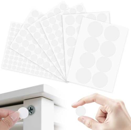 rinridmo 376PCS Self Adhesive Screw Hole Covers White, PVC Non-faded Dustproof Sticky Screw Caps, 12mm 15mm 21mm 30mm 50mm Furniture Screw Stickers for Cabinets Desk Wall Wood Furniture