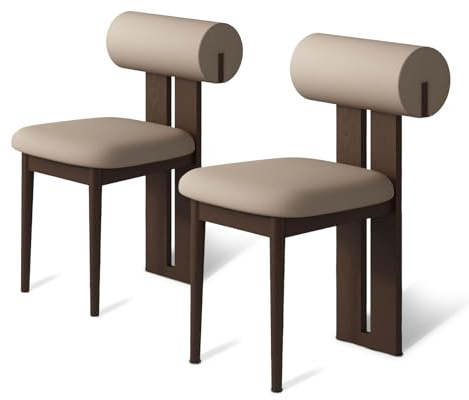 Modernas sillas de comedor de nogal, paquete de 2 tapizadas de cuero con respaldo redondo, marco de madera resistente, perfectas para comedor, estudio, sala de estar, acabado café