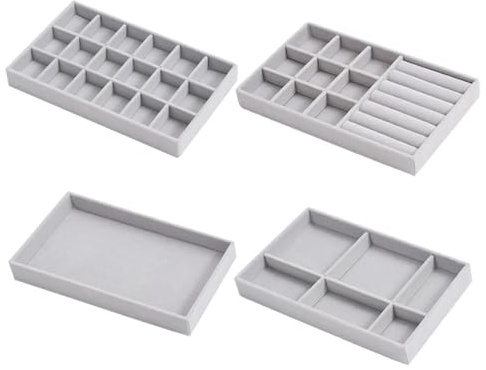 APKOL 4 Pcs plateau à bijoux empilable en velours,Rangement Bijoux Tiroir insert à bijoux Organiseur,pour ranger et exposer boucles d'oreilles, colliers, bagues,Cadeaux pour Femmes,(Gris)