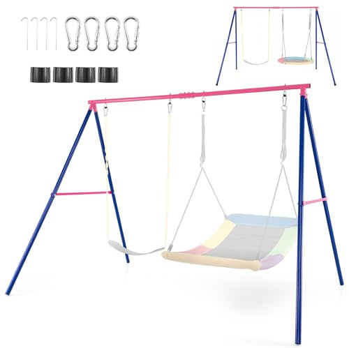 RELAX4LIFE Portique Balançoire Extérieur en Métal, Cadre de Balançoire Enfant en Forme A avec 4 Piquets de Terre, 4 Mousqueton, Deux sur la Balançoire Charge 300 KG pour Enfants 3 Ans+ (Rose+Bleu)