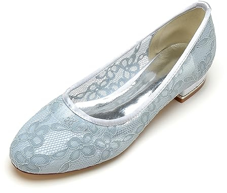 Yhsdfcn Spets Mesh Ballerinaskor Dam Hål mönster Blomma Rund Tå Blockklack Eleganta Platta Skor,Silver,37 EU