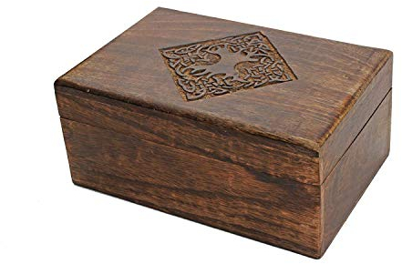 STORE INDYA Indian Handmade Country Style Wooden Jewellery Case Trinket Box Keepsake Storage Organiser With Hand Carved Celtic Design 20x13cm
