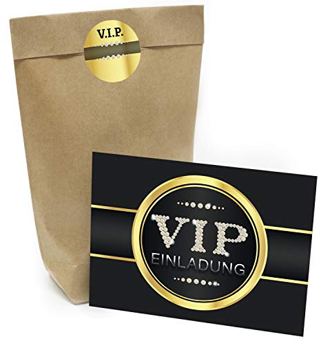 Praktisches Kindergeburtstag Set mit 8 Geschenktüten (Party-Tüten), Einladungskarten, Umschlägen und Aufklebern Motiv: VIP Einladung (V.I.P.)
