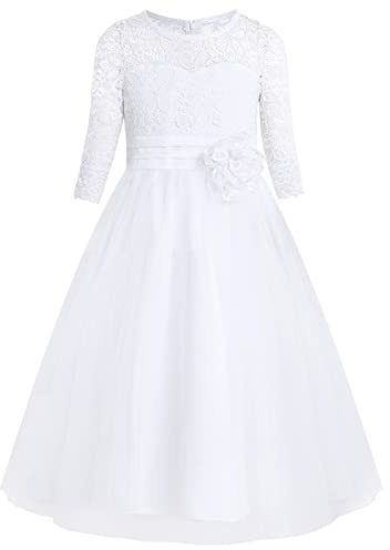 iEFiEL Kinder Mädchen Kleid Festlich Halb-Arm Kommunionkleid Blumenspitze Brautjungfern Kleid Lang Prinzessin Kleid Hochzeits Party Kleid Weiß 140