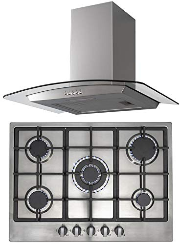 SIA R6 70cm Stainless Steel 5 Burner Gas Hob And Curved Glass Cooker Hood Fan