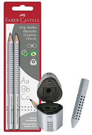 Faber-Castell 111992 - Bleistift Jumbo Grip HB (2 Bleistifte Jumbo + Radierer + Spitzer) (mit Spitzer + Radierer, schwarz, 2 Stifte)