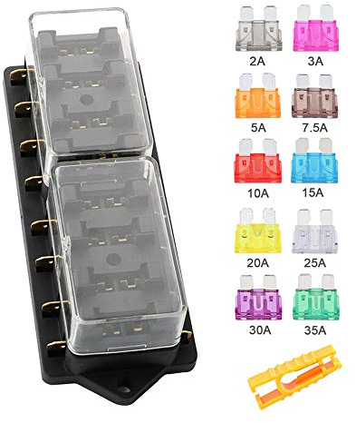 Aiqeer 8 Vie Scatola Portafusibili Standard, 12V / 24V / 32V / 48V Generic Impermeabile Scatola Fusibili, con 10 Pezzi Libero Fusibile Lama Standard (2/3 / 5/7.5/10 / 15/20 / 25/30 / 35A)
