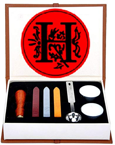 Buchstaben-Wachs-Siegel-Stempel-Set, ANBOSE Alphabet Wachs-Siegel-Stempel-Kit einschließlich 1Pcs Holzgriff Kupfer-Siegel, 3Pcs Wachs-Siegel-Sticks, 1Pcs Schmelzlöffel und 2Pcs weiße Kerzen（H)
